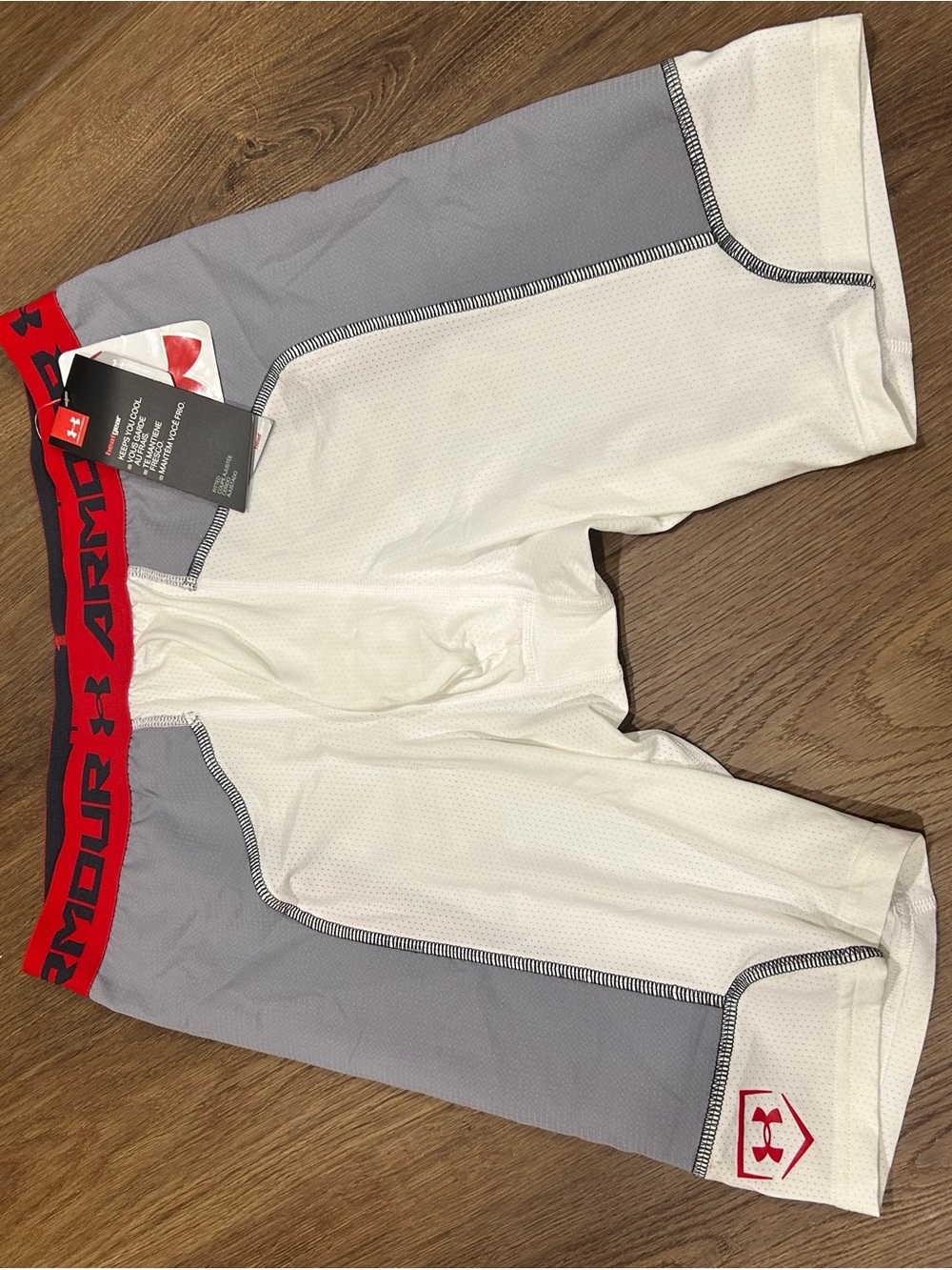 Under Armour White & Gray Compression Shorts with Red Waistband
